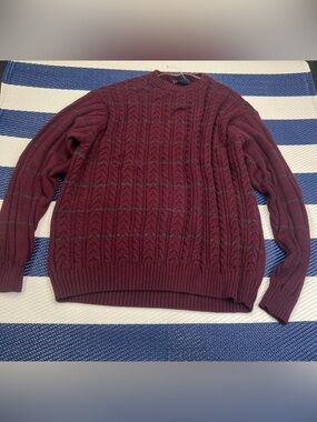 Men’s Burgundy Cable Knit Sweater Cozy Grandpa Core Pullover